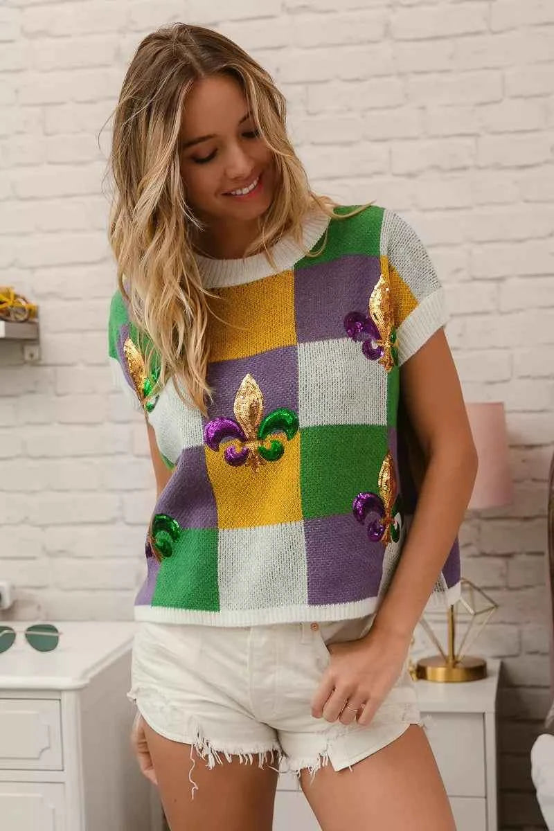 BiBi Sequin Embroidery Mardi Gras Checker Sweater Top BiBi Sequin Embroidery Mardi Gras Checker Sweater Top