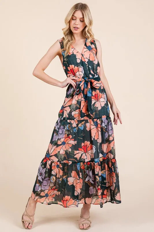 Lime 'N' Chili Floral Print Sleeveless Tie Waist Maxi Dress 7eed644c8d124289add914771e569c8d-Max-Origin