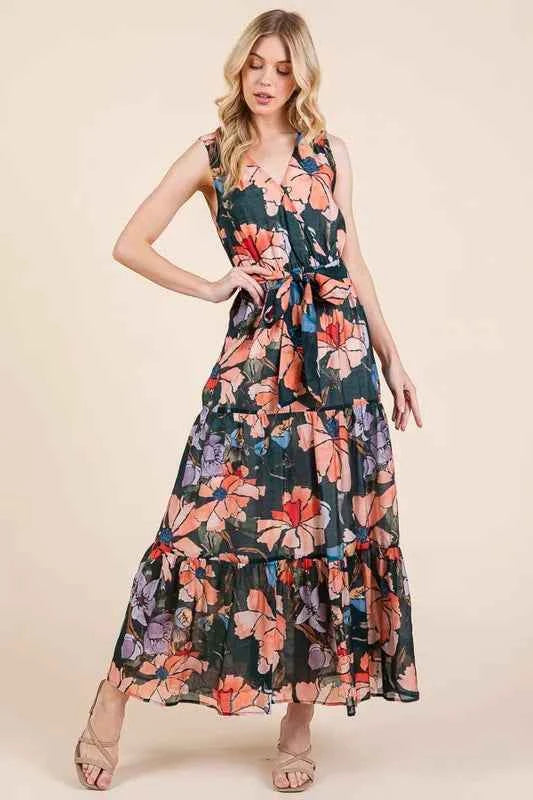 Lime 'N' Chili Floral Print Sleeveless Tie Waist Maxi Dress Lime 'N' Chili Floral Print Sleeveless Tie Waist Maxi Dress