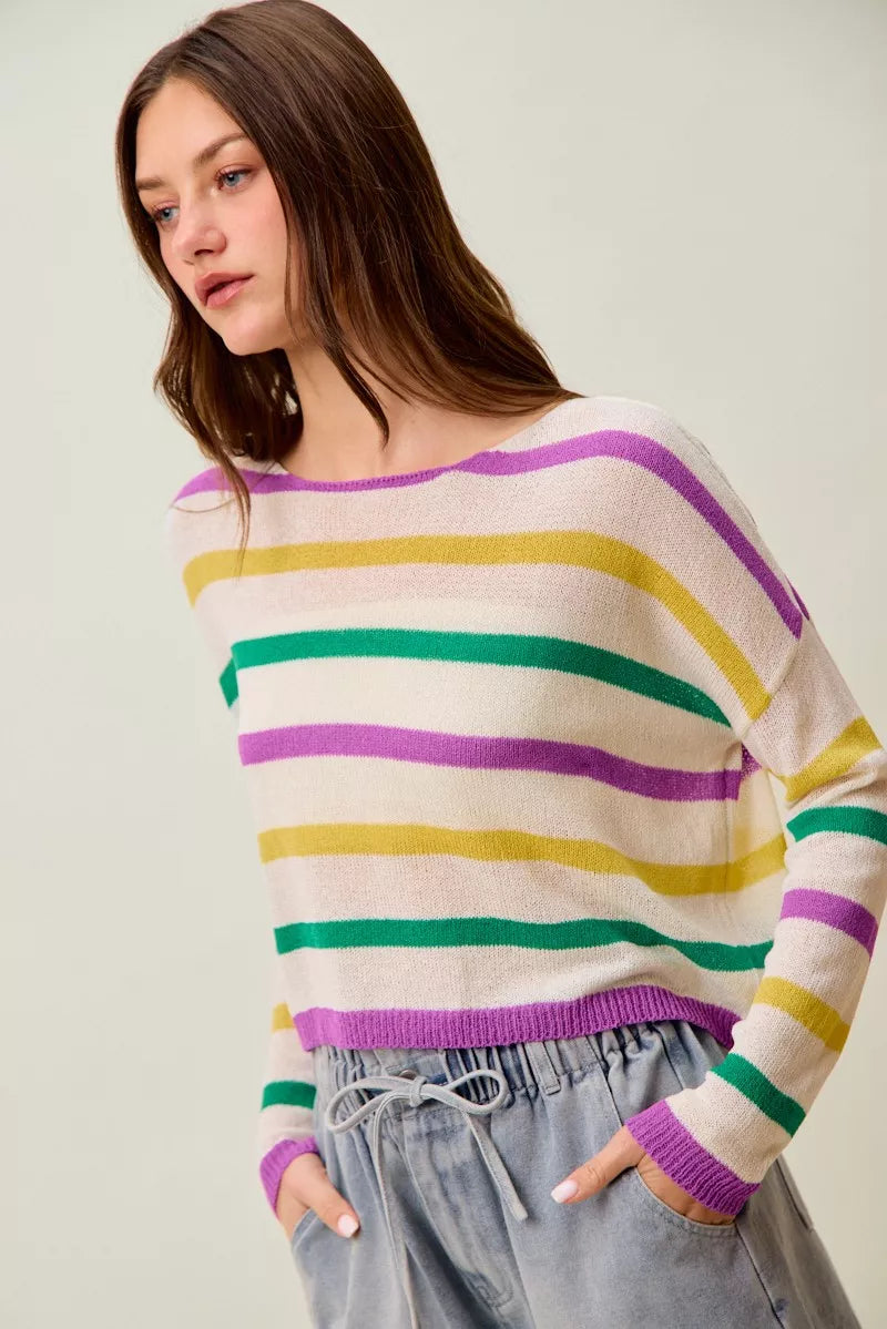 SO ME Mardi Gras Color Stripe Lightweight Sweater Top 7efa73e3432d4fa596d82a11576eb045-Max-Origin