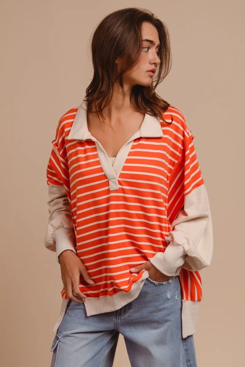 BiBi Stripe Knit Loose Fit Top With Cut Edge Detail 7f1a3225659042a98fd8c6a7bc64e182-Max-Origin