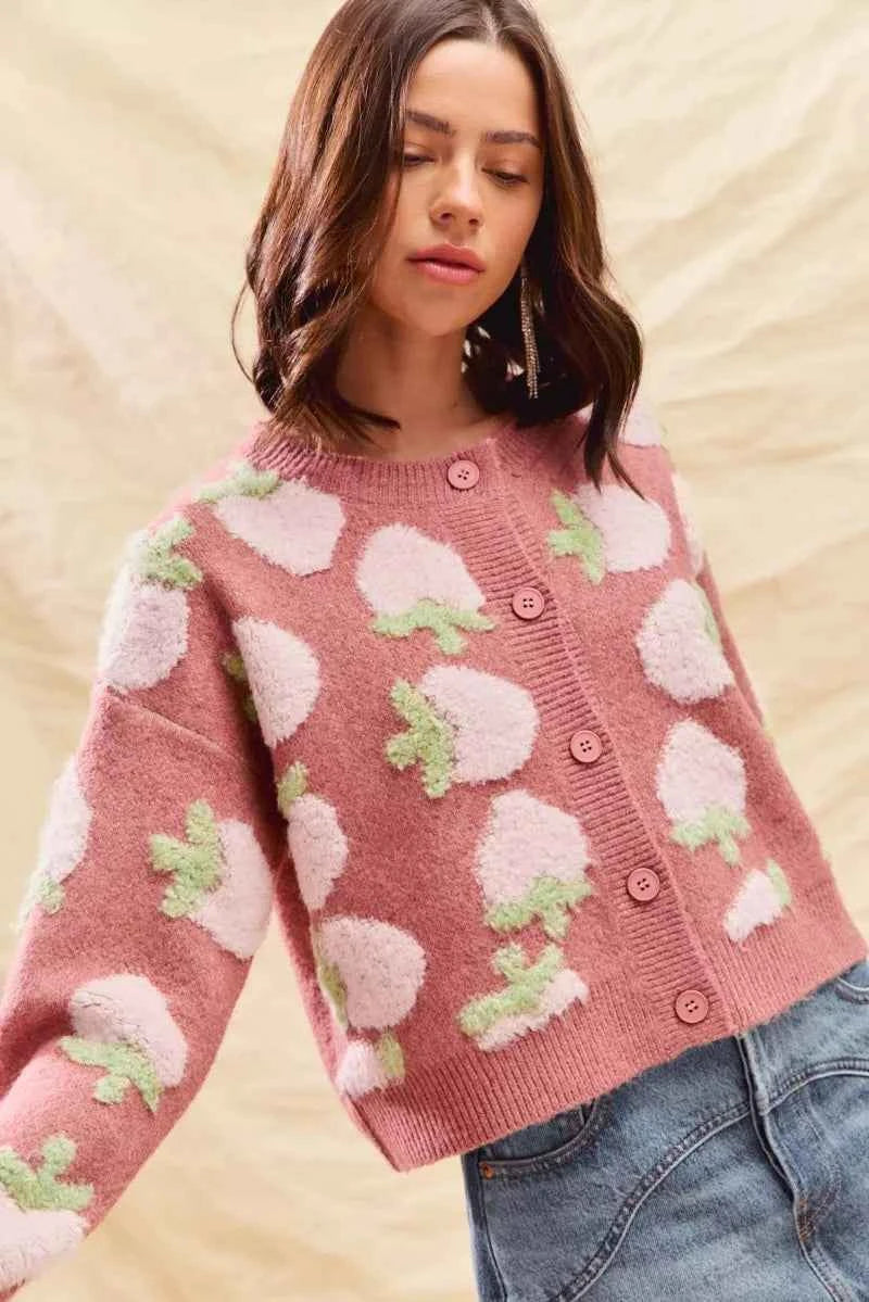 SO ME Strawberry Fruit All Over Button Sweater Cardigan SO ME Strawberry Fruit All Over Button Sweater Cardigan