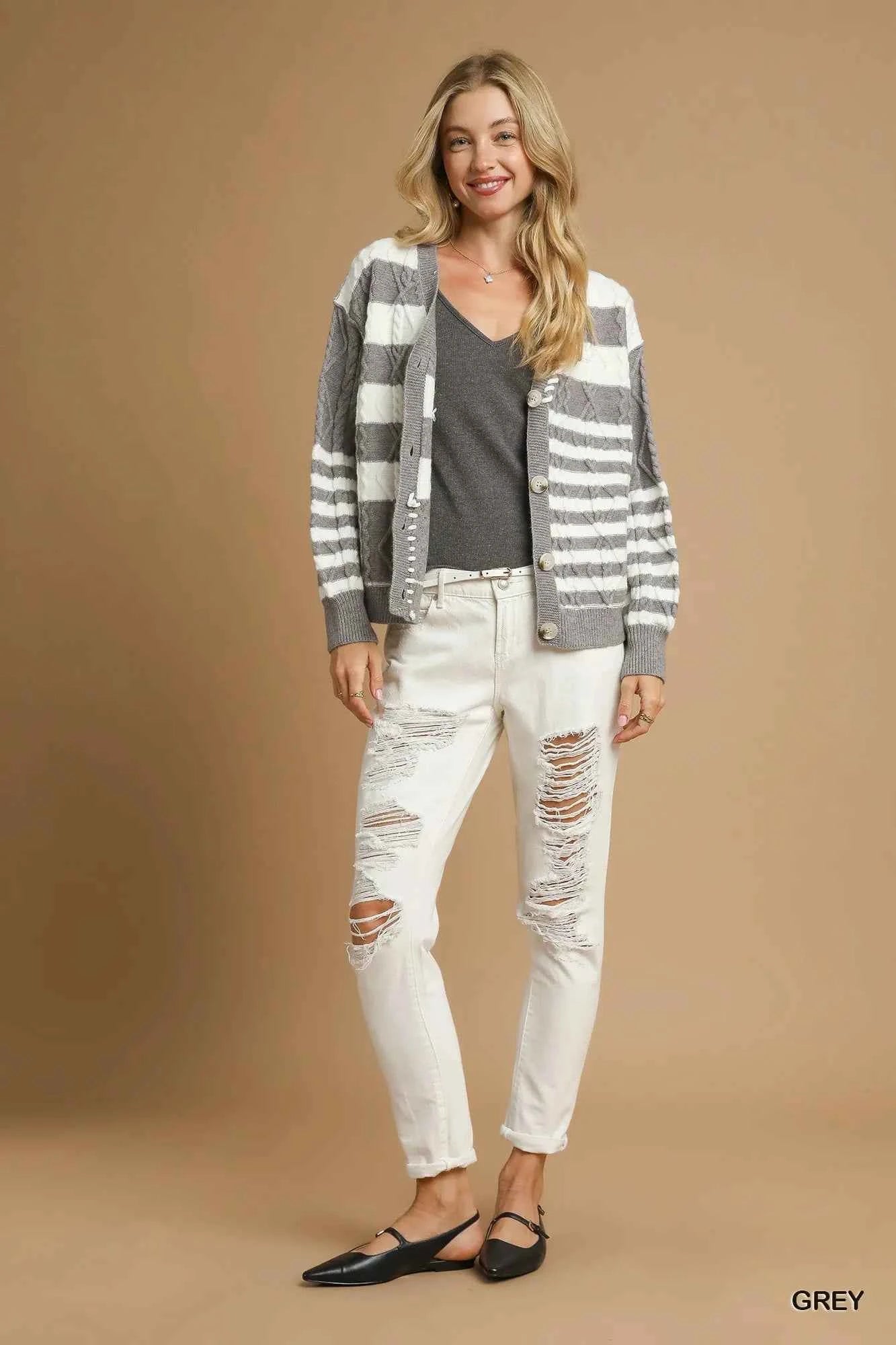 Umgee Cable-Knit Stripe Button-Up Cardigan Umgee Cable-Knit Stripe Button-Up Cardigan