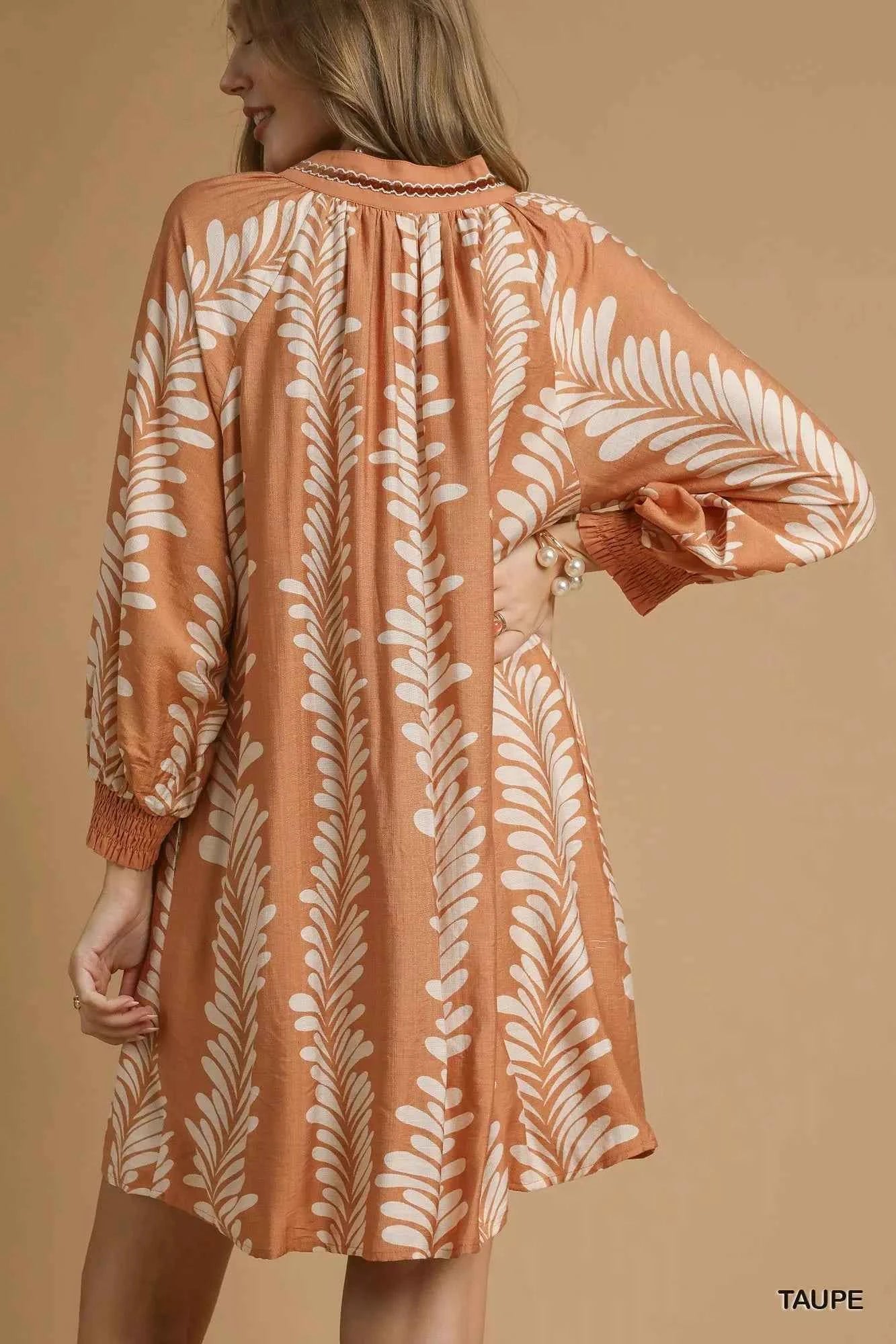 Umgee Leaf Print Notched Mini Babydoll Dress Umgee Leaf Print Notched Mini Babydoll Dress