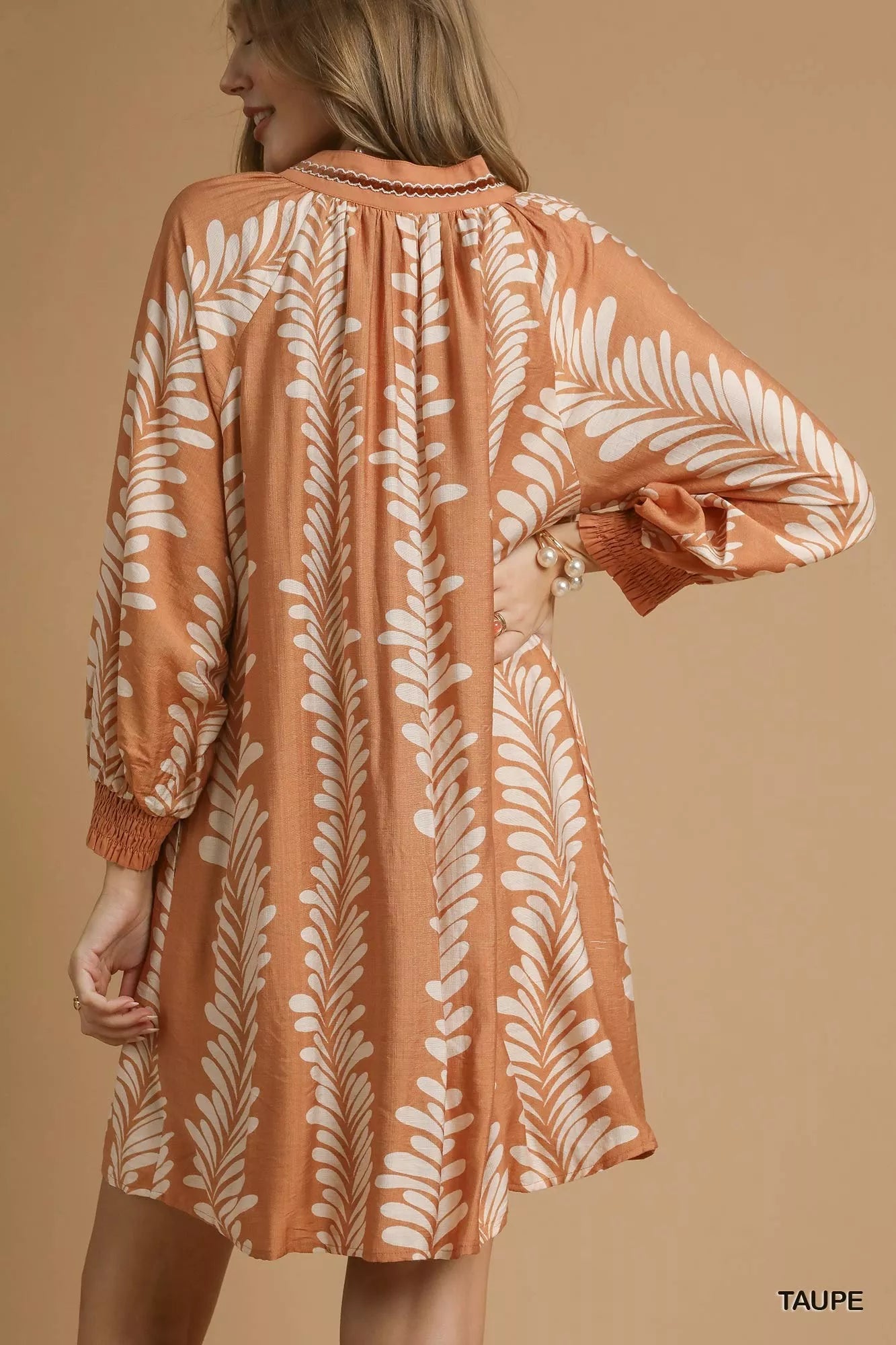 Umgee Leaf Print Notched Mini Babydoll Dress 7f62caf8-b9c5-4885-b913-c63d4159e7b6-Max-Origin