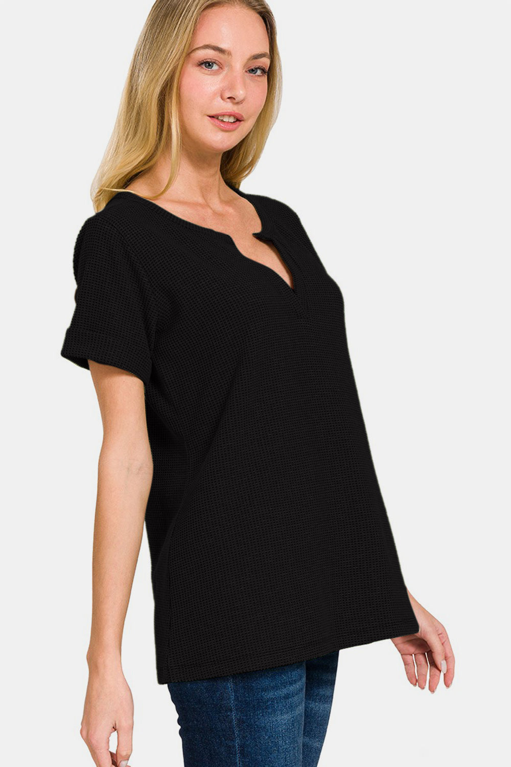 Zenana Notched Short Sleeve Waffle T-Shirt Zenana Notched Short Sleeve Waffle T-Shirt - TopFashionHQ
