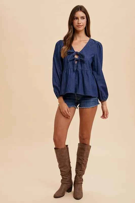 Annie Wear Tie Front Peplum Long Sleeve Denim Top Annie Wear Tie Front Peplum Long Sleeve Denim Top