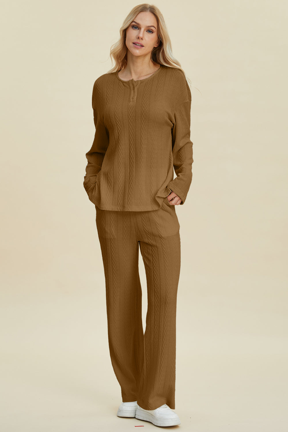 Double Take Full Size Cable-Knit Long Sleeve Top and Pants Set Double Take Full Size Cable-Knit Long Sleeve Top and Pants Set