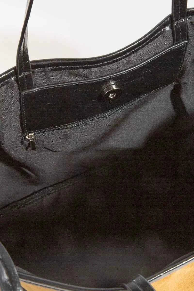 Fame Suede Tote Faux Leather Trim Shoulder Strap Fame Suede Tote Faux Leather Trim Shoulder Strap