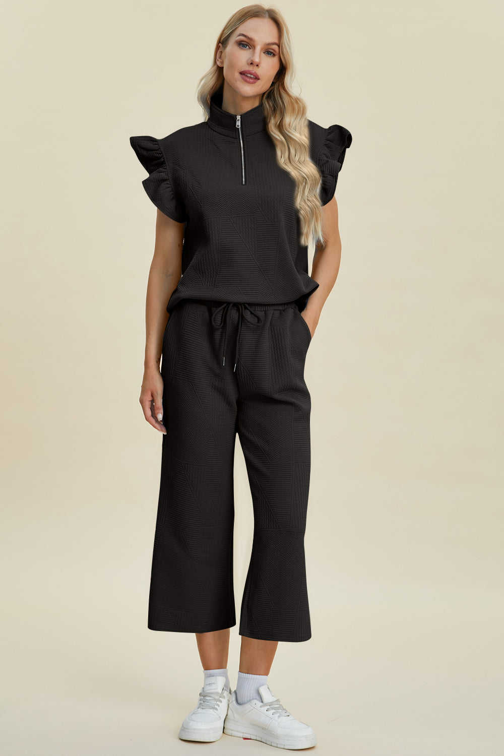 Double Take Full Size Texture Ruffle Short Sleeve Top and Wide Leg Pants Set Double Take Full Size Texture Ruffle Short Sleeve Top and Wide Leg Pants Set