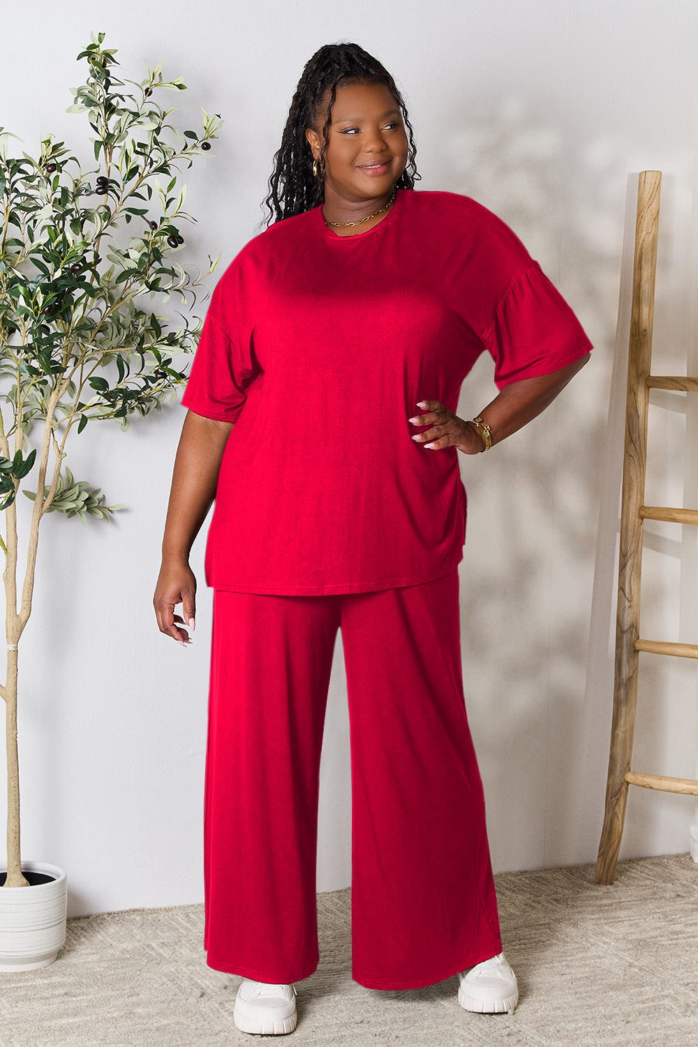 Double Take Full Size Round Neck Slit Top and Pants Set Double Take Full Size Round Neck Slit Top and Pants Set - TopFashionHQ