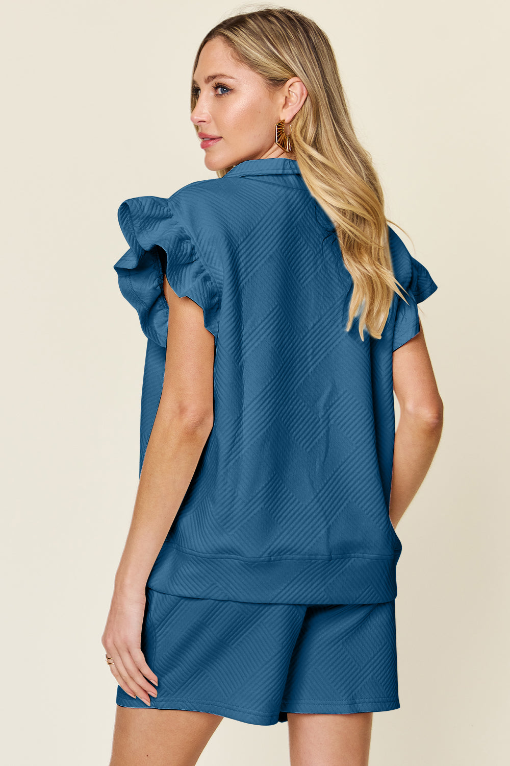 Double Take Full Size Texture Flounce Sleeve Top and Drawstring Shorts Set Double Take Full Size Texture Flounce Sleeve Top and Drawstring Shorts Set