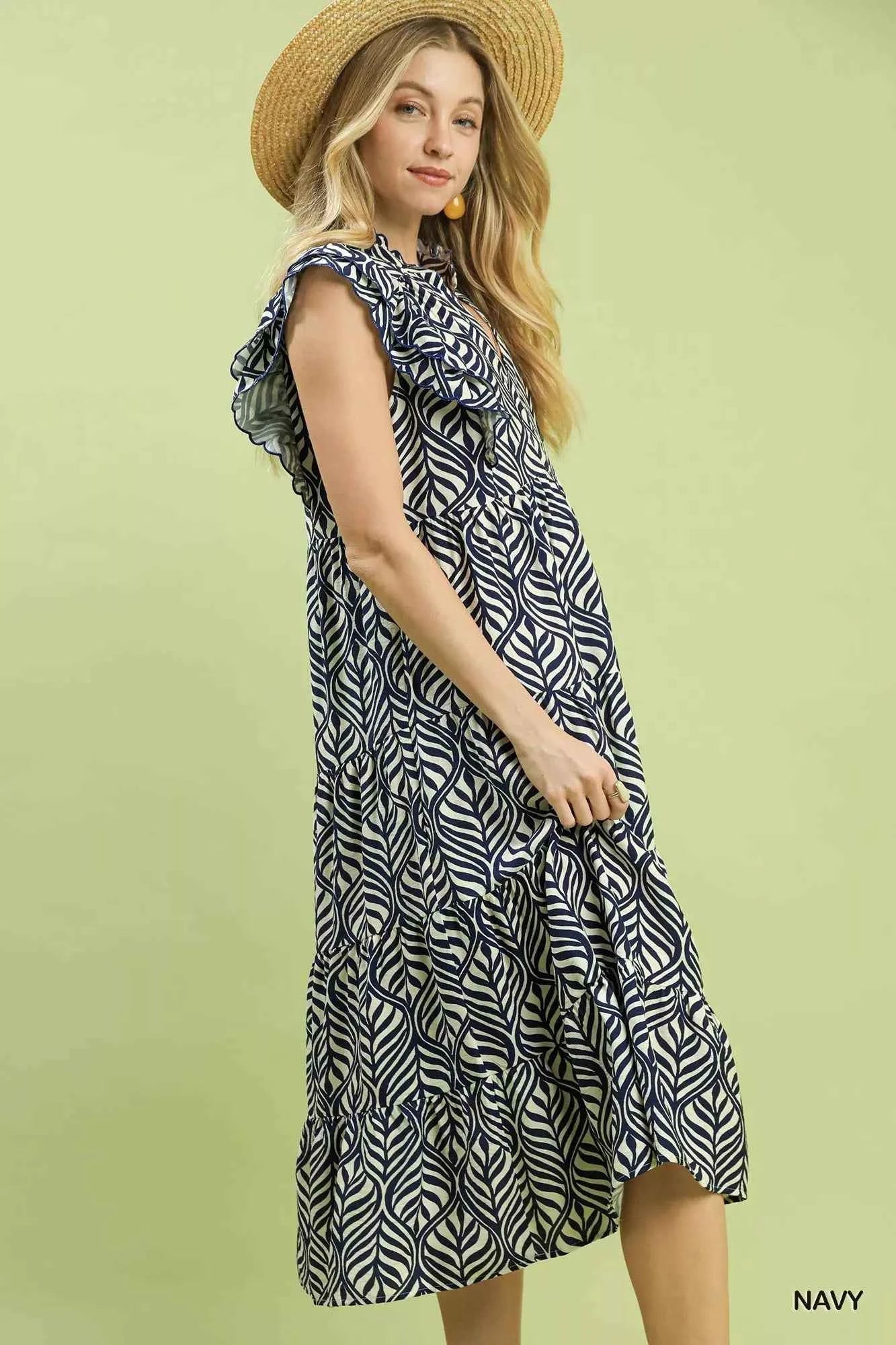 Umgee Leaf Print Tiered Midi Dress with Ruffle Detail Umgee Leaf Print Tiered Midi Dress with Ruffle Detail