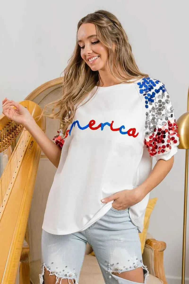 BiBi America Letter Applique Spangle Puff Sleeves Top BiBi America Letter Applique Spangle Puff Sleeves Top
