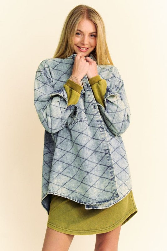 Davi & Dani Curved Hem Diamond Quilted Button Up Denim Shacket Davi & Dani Curved Hem Diamond Quilted Button Up Denim Shacket