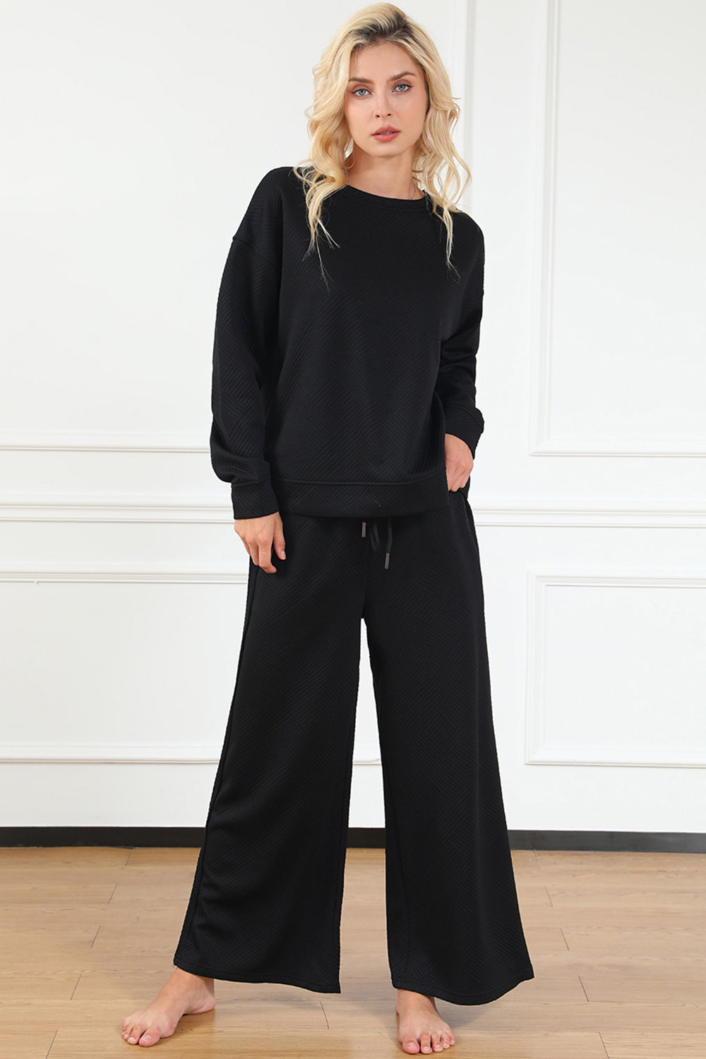 Double Take Full Size Textured Long Sleeve Top and Drawstring Pants Set Double Take Full Size Textured Long Sleeve Top and Drawstring Pants Set - TopFashionHQ