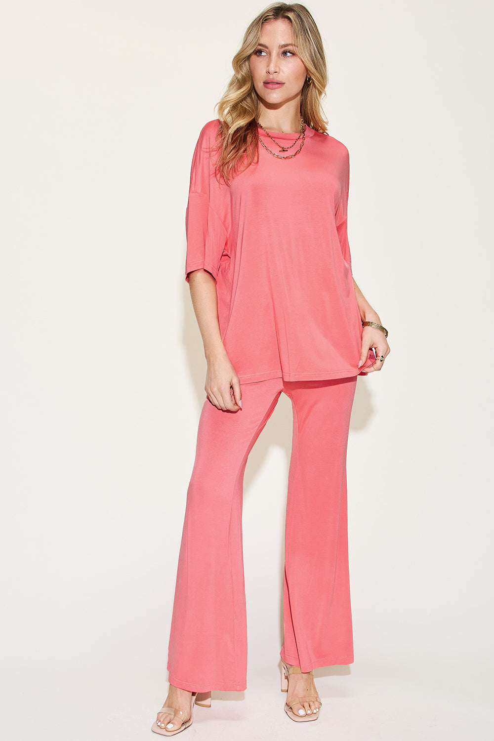 Basic Bae Full Size Bamboo Drop Shoulder T-Shirt and Flare Pants Set Basic Bae Full Size Bamboo Drop Shoulder T-Shirt and Flare Pants Set