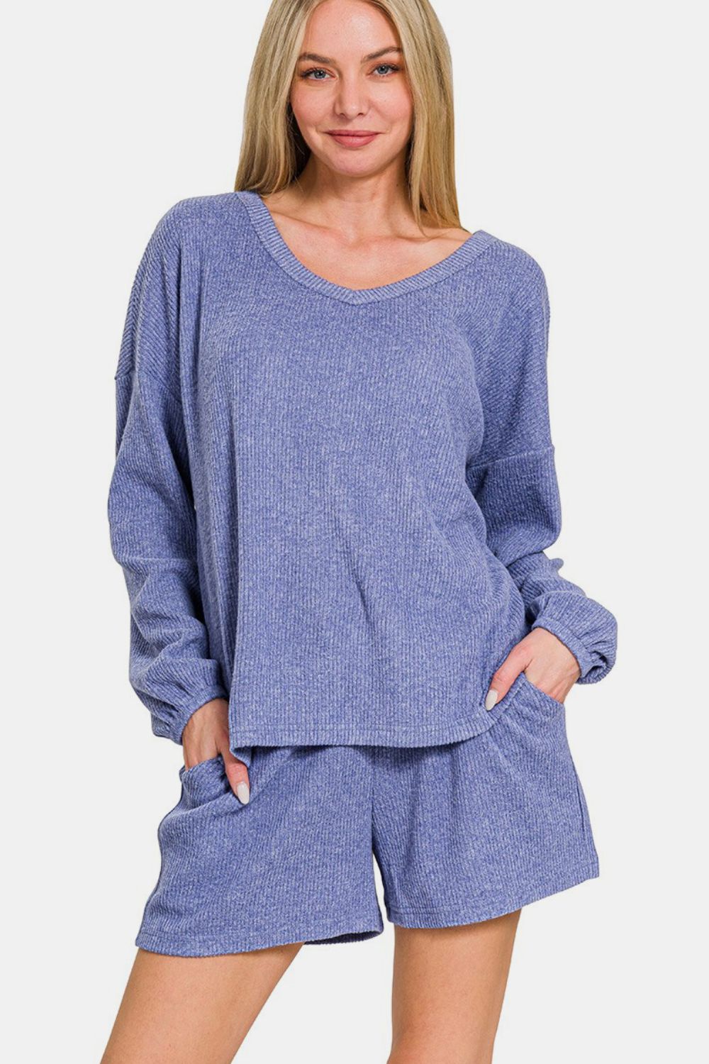 Zenana V-Neck Long Sleeve Ribbed Top and Shorts Set Zenana V-Neck Long Sleeve Ribbed Top and Shorts Set - TopFashionHQ