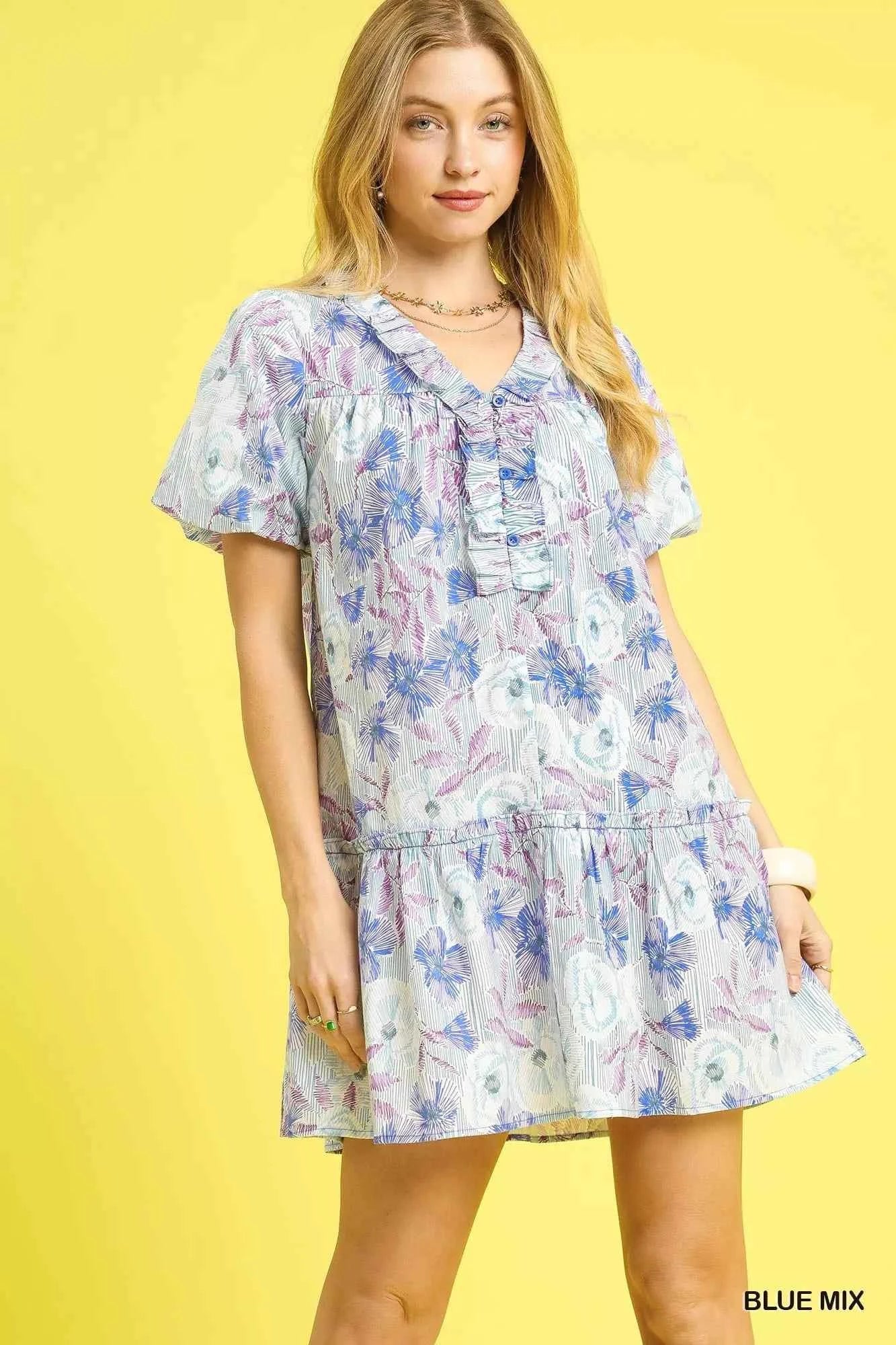 Umgee Floral Ruffled Puff Sleeve Mini Dress Umgee Floral Ruffled Puff Sleeve Mini Dress