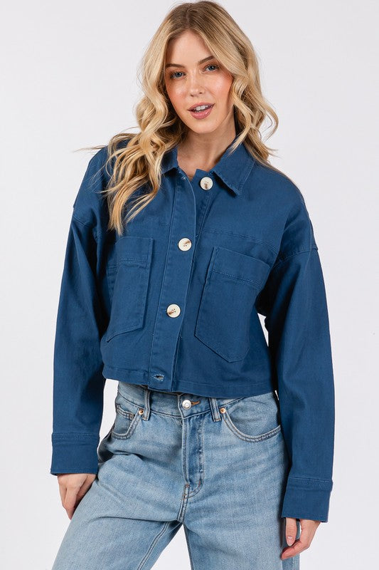 bytos Button Down Cropped Denim Jacket with Patch Pockets bytos Button Down Cropped Denim Jacket with Patch Pockets