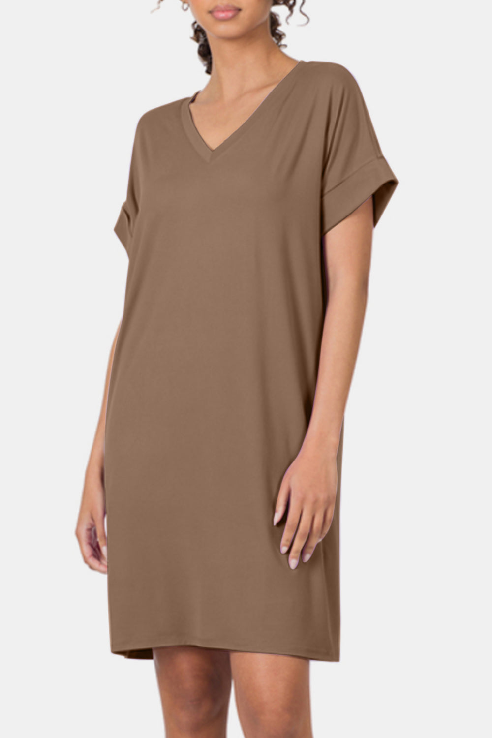 Zenana Rolled Short Sleeve V-Neck Dress Zenana Rolled Short Sleeve V-Neck Dress - TopFashionHQ