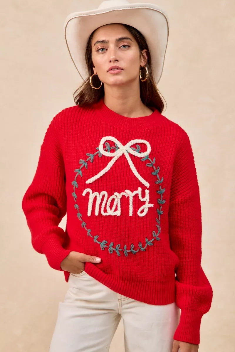 BiBi Christmas Wreath Merry Letter Knit Top 80e24657000541e0970c177a14287882-Max-Origin