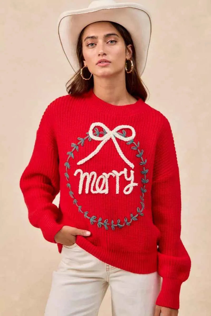 BiBi Christmas Wreath Merry Letter Knit Top BiBi Christmas Wreath Merry Letter Knit Top