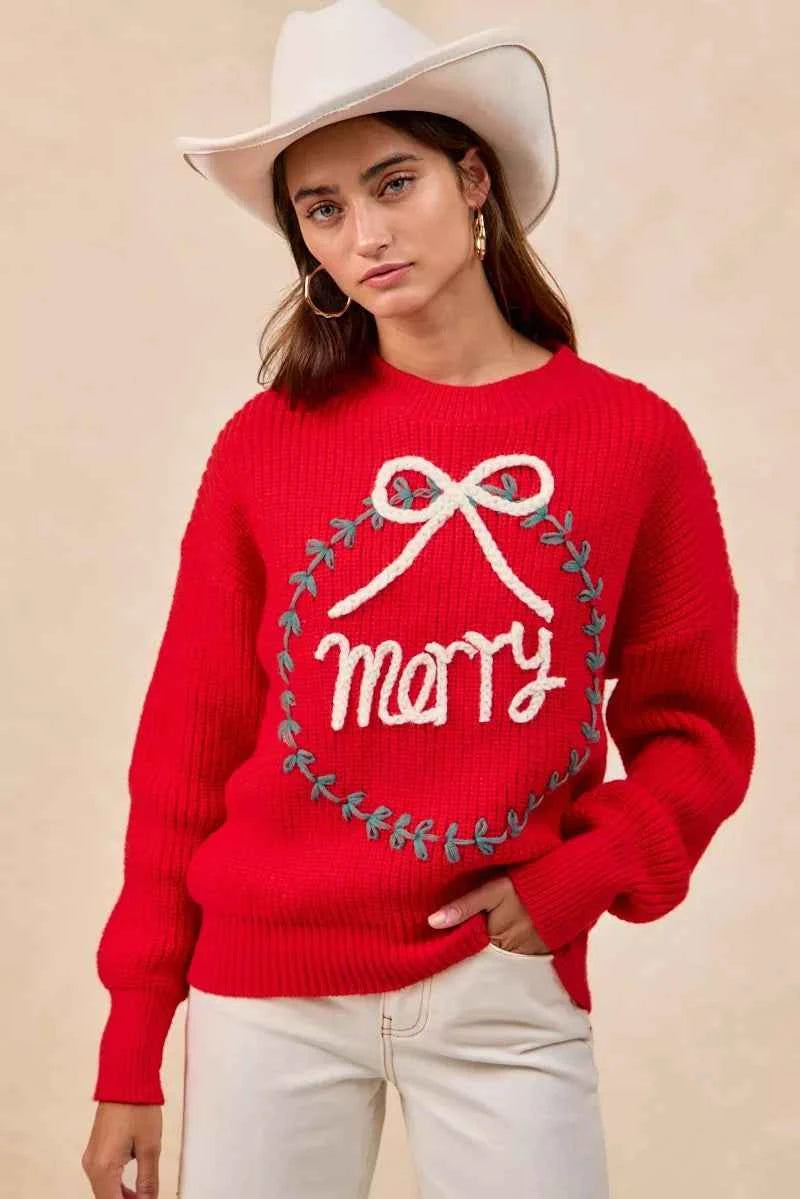 BiBi Christmas Wreath Merry Letter Knit Top BiBi Christmas Wreath Merry Letter Knit Top
