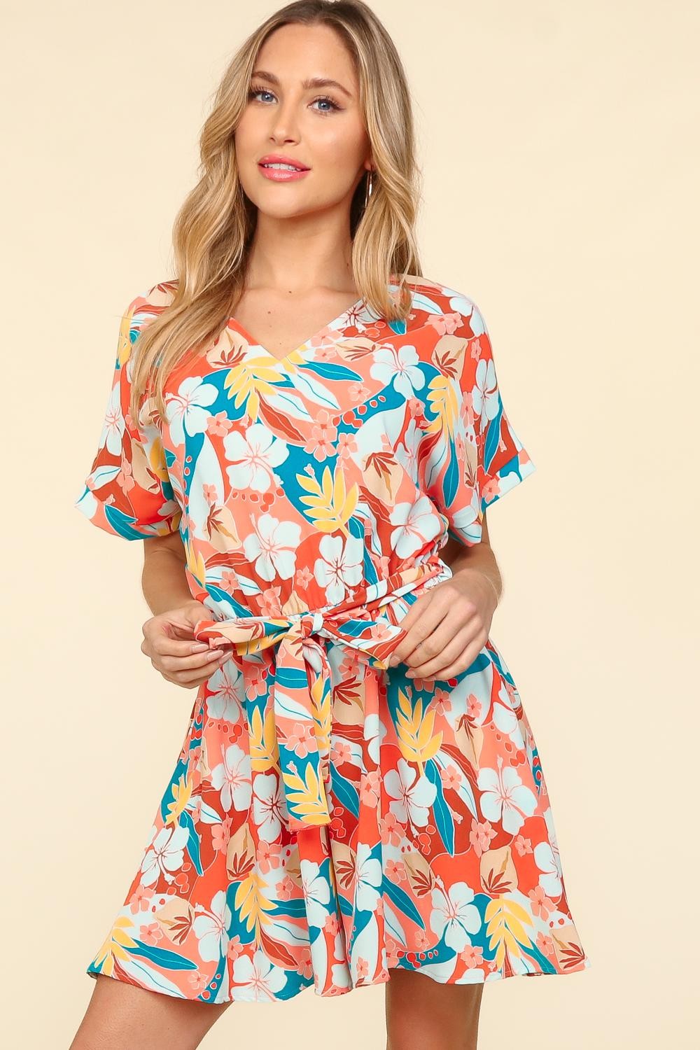 Haptics Tropical Floral Short Sleeve Tied Romper Haptics Tropical Floral Short Sleeve Tied Romper - TopFashionHQ