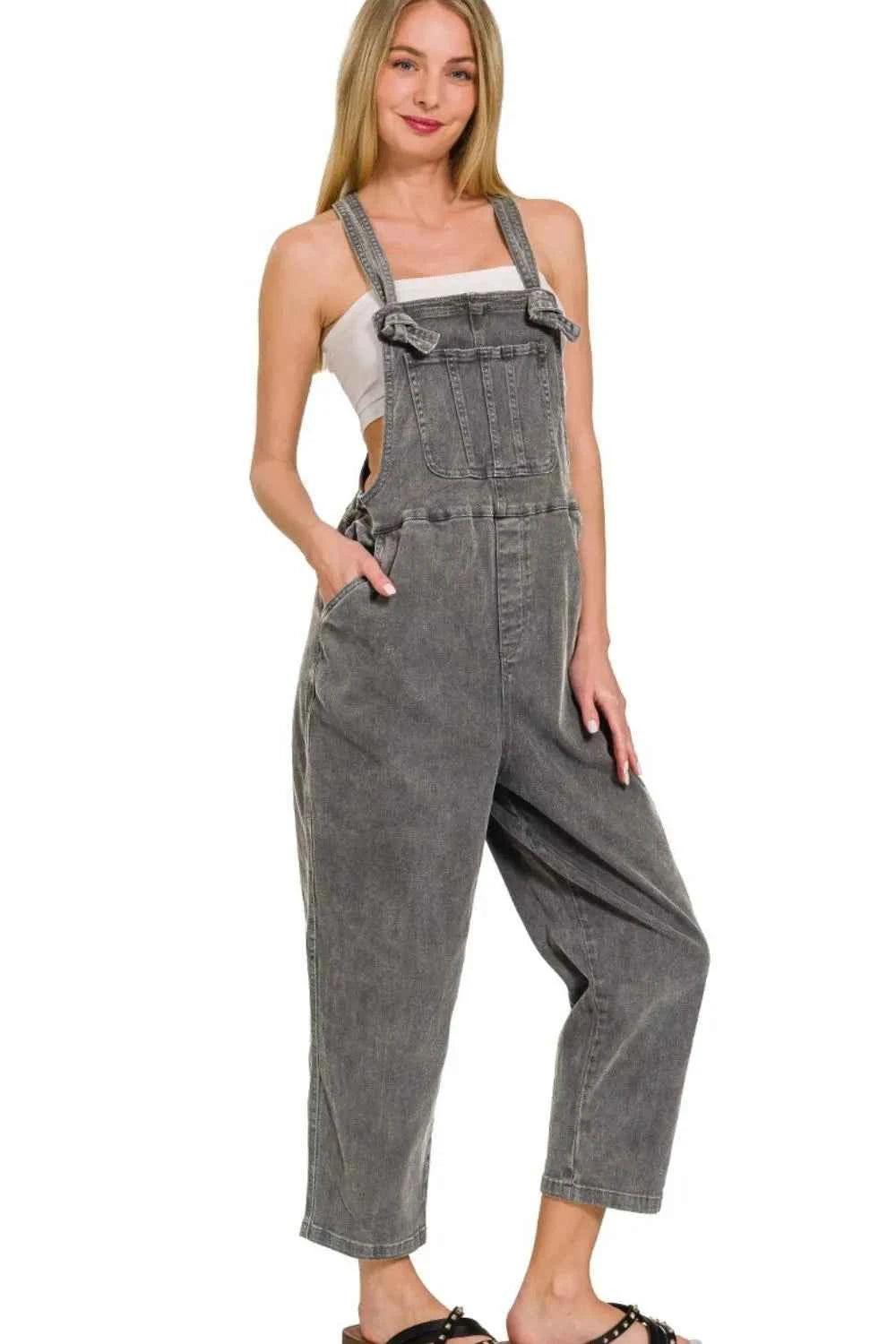 Zenana Washed Knot Strap Relaxed Fit Overalls Zenana Washed Knot Strap Relaxed Fit Overalls