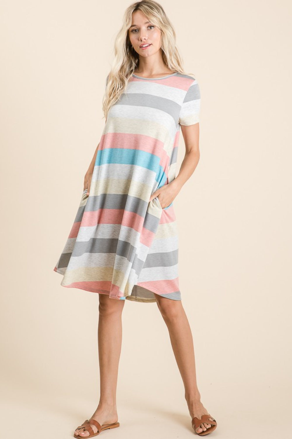 BOMBOM Striped Short Sleeve Dress with Pockets BOMBOM Striped Short Sleeve Dress with Pockets - TopFashionHQ