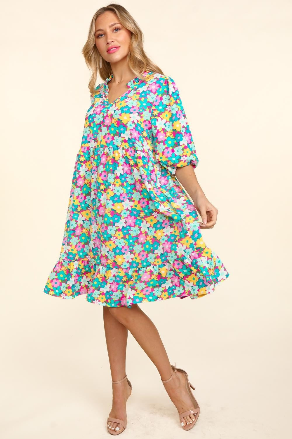 Haptics Bubble Sleeve Floral Ruffled Dress Haptics Bubble Sleeve Floral Ruffled Dress - TopFashionHQ