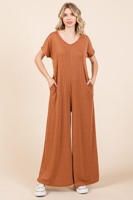 BOMBOM Ribbed Short Sleeve Wide Leg Jumpsuit - TopFashionHQ
