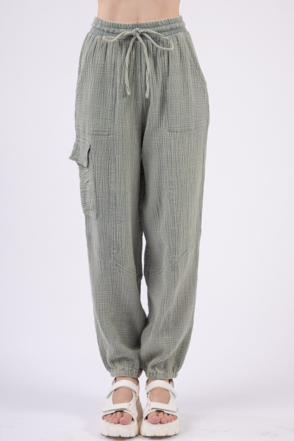 VERY J Washed Woven Crinkle Gauze Drawstring Pants VERY J Washed Woven Crinkle Gauze Drawstring Pants - TopFashionHQ