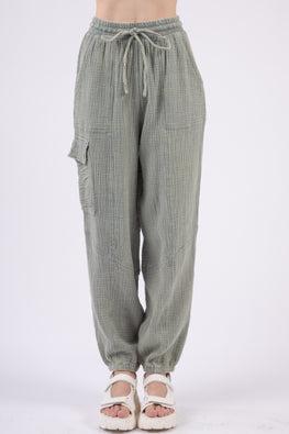 VERY J Washed Woven Crinkle Gauze Drawstring Pants - TopFashionHQ