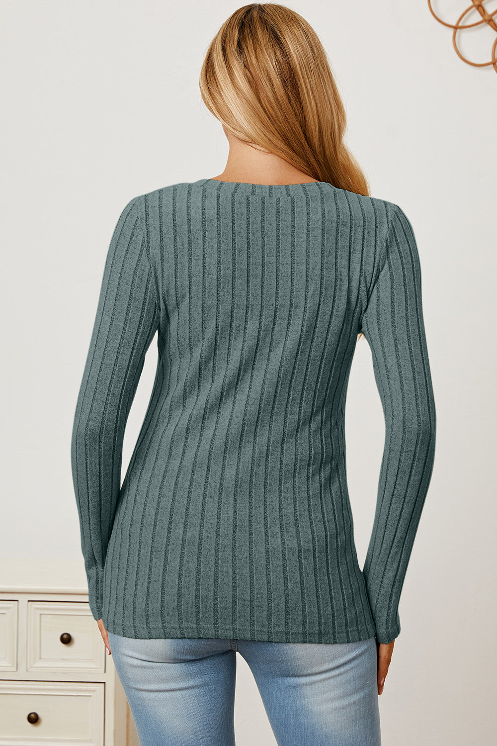 Basic Bae Full Size Ribbed V-Neck Long Sleeve T-Shirt Basic Bae Full Size Ribbed V-Neck Long Sleeve T-Shirt - TopFashionHQ