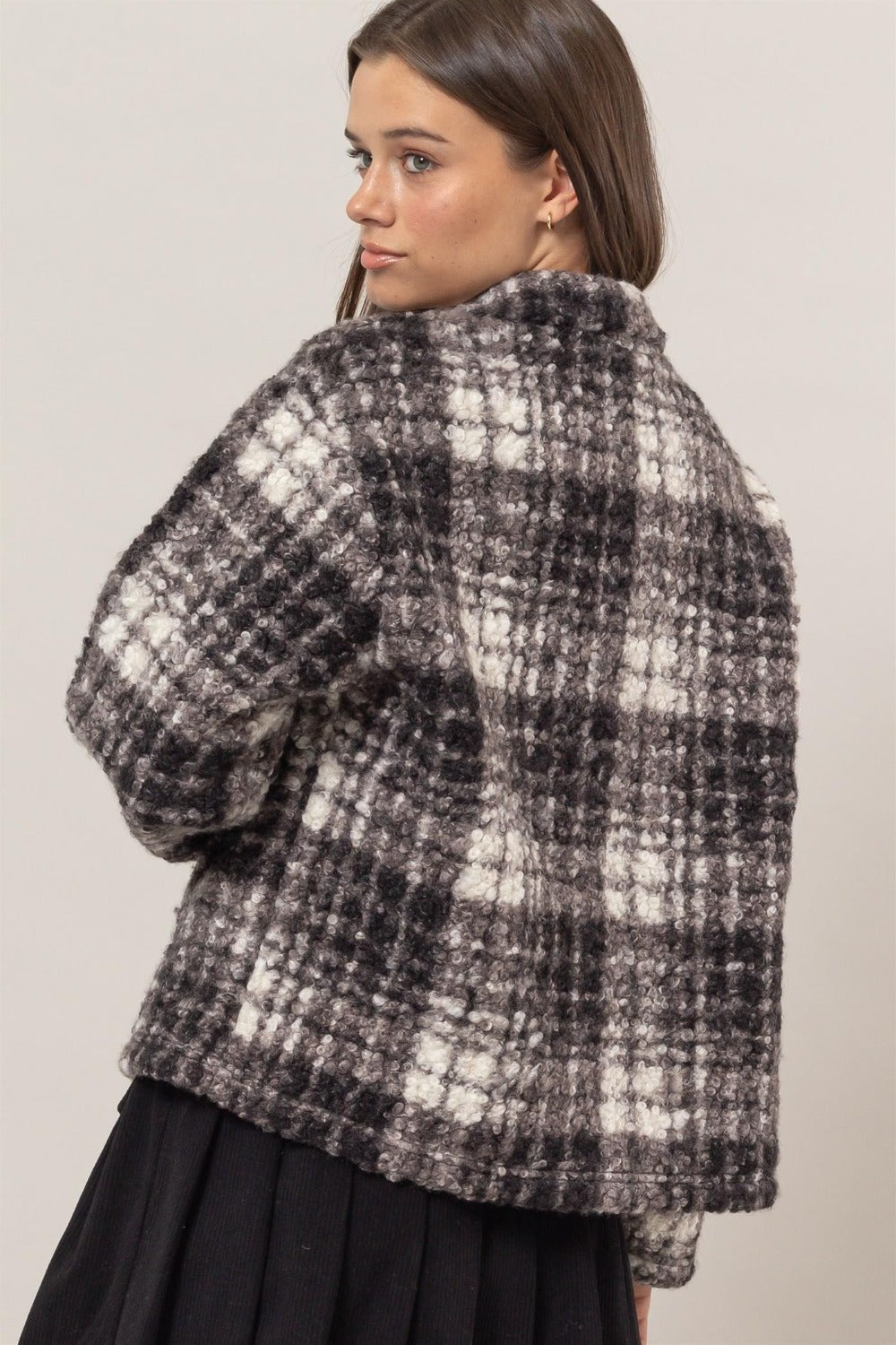 HYFVE Plaid Collared Neck Boucle Jacket with Pockets HYFVE Plaid Collared Neck Boucle Jacket with Pockets