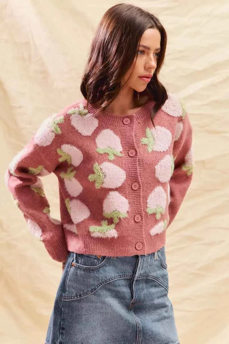 SO ME Strawberry Fruit All Over Button Sweater Cardigan SO ME Strawberry Fruit All Over Button Sweater Cardigan