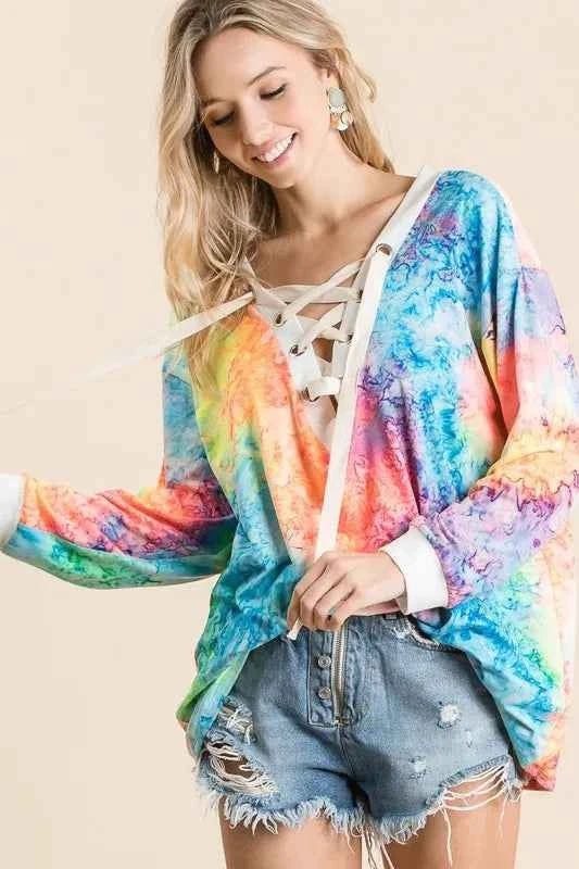 BiBi Tie Dye Deep V-neck Top With Lace Up Front BiBi Tie Dye Deep V-neck Top With Lace Up Front