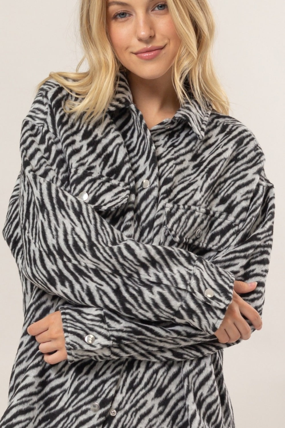 HYFVE Zebra Print Snap Down Long Sleeve Shacket HYFVE Zebra Print Snap Down Long Sleeve Shacket