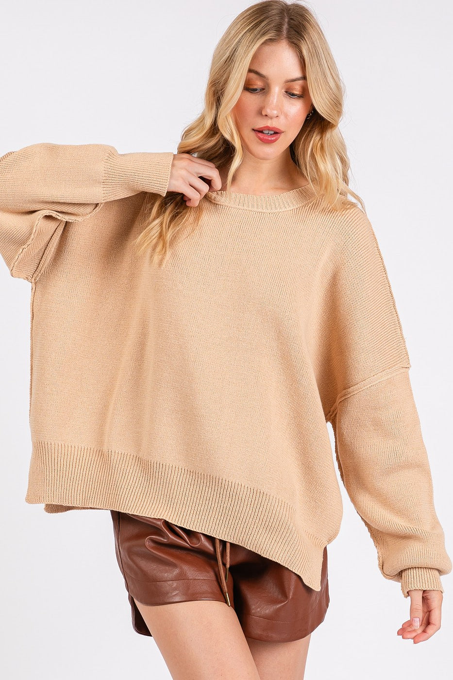 Mittoshop Side Slit Round Neck Drop Shoulder Sweater Mittoshop Side Slit Round Neck Drop Shoulder Sweater
