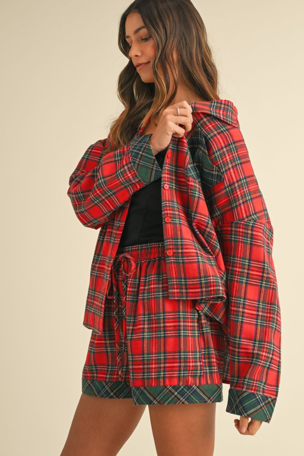 Annie Wear Contrast Plaid Long Sleeve Top and Shorts Set Annie Wear Contrast Plaid Long Sleeve Top and Shorts Set