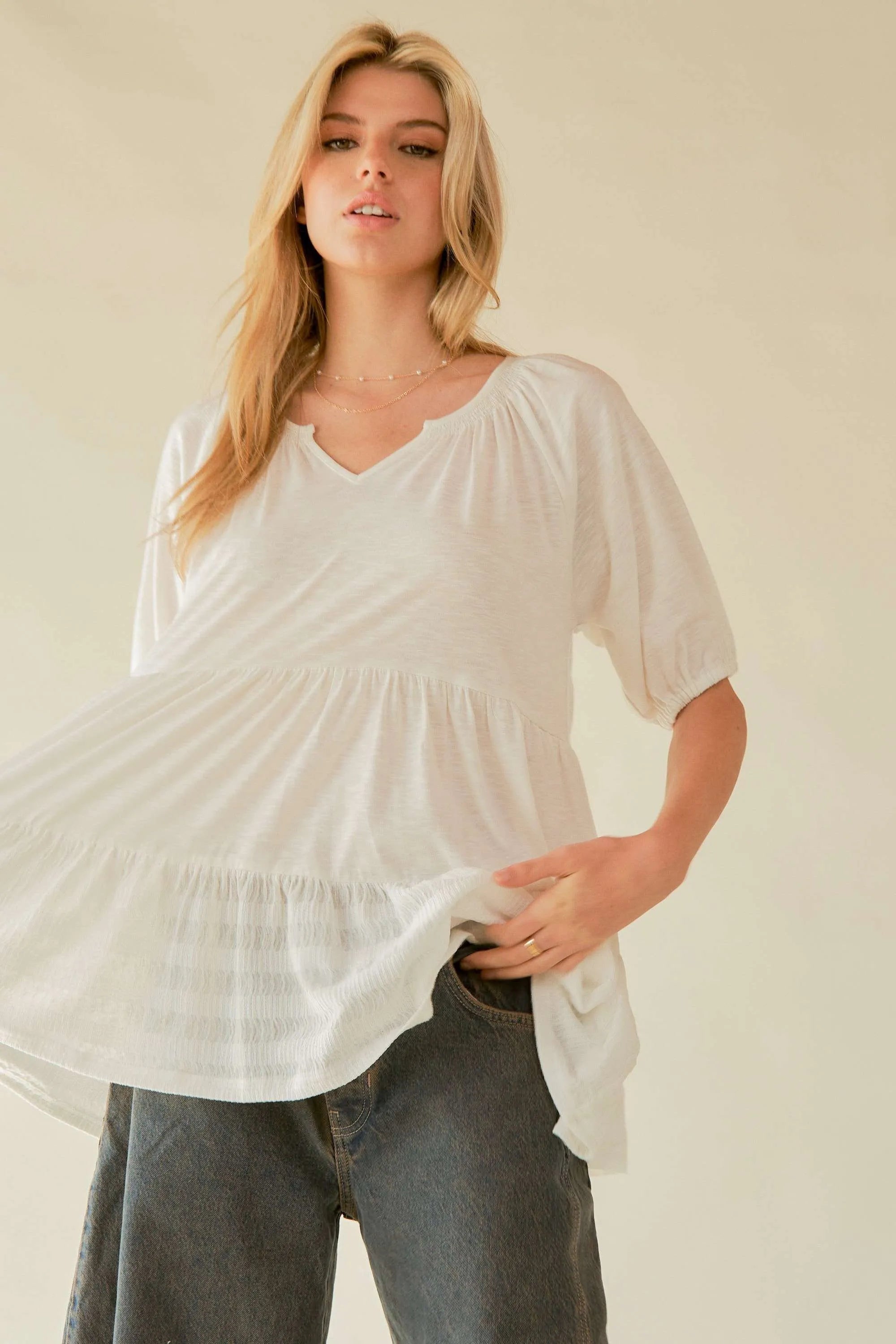 Davi & Dani Ruffled Flared Short Sleeve V Neck Blouse 82fd7dc9975b431fb0e4dfad9bf0c266-Max-Origin