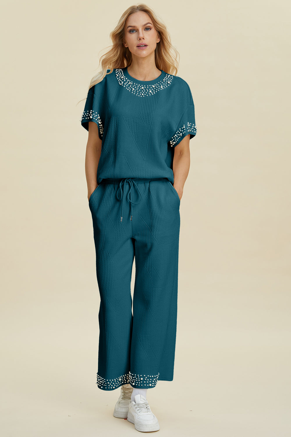 Double Take Full Size Pearl Detail Round Neck Top and Pants Set Double Take Full Size Pearl Detail Round Neck Top and Pants Set