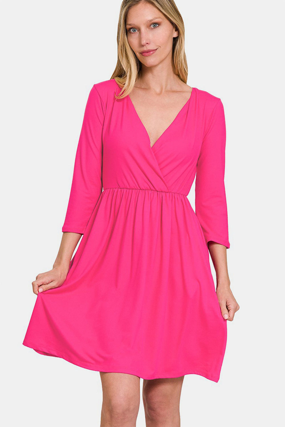Zenana Three-Quarter Sleeve Surplice Dress with Pockets Zenana Three-Quarter Sleeve Surplice Dress with Pockets - TopFashionHQ