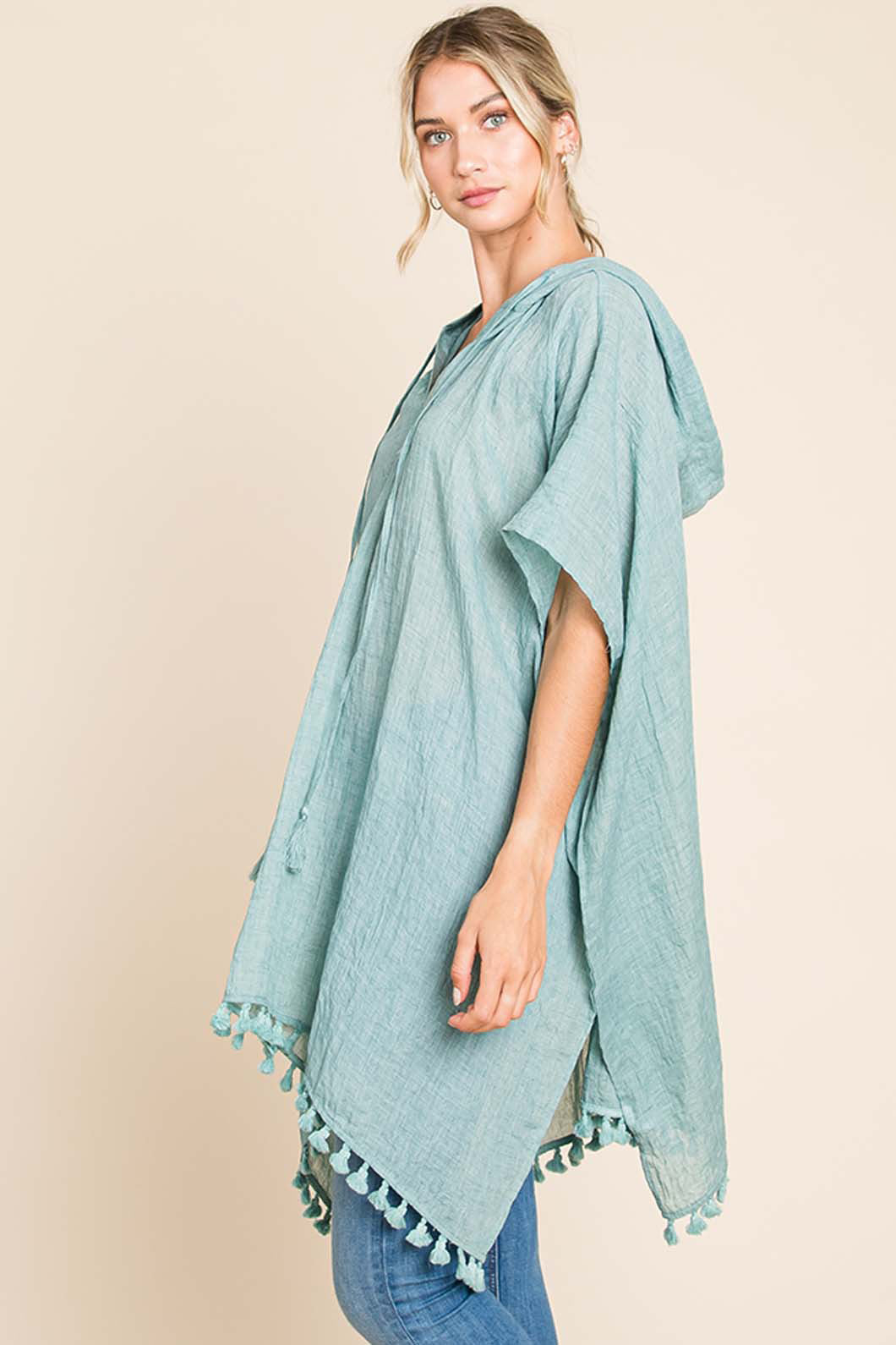 Cotton Bleu by Nu Label Tassel Hem Hooded Cover Up Cotton Bleu by Nu Label Tassel Hem Hooded Cover Up
