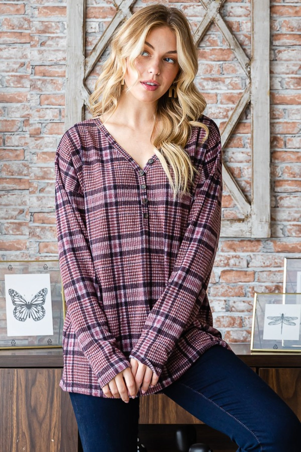 Heimish Full Size Plaid V-Neck Long Sleeve Top Heimish Full Size Plaid V-Neck Long Sleeve Top - TopFashionHQ