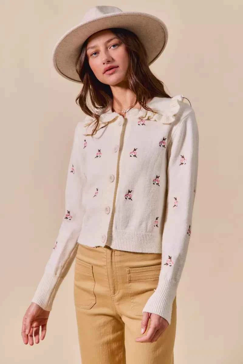 SO ME Collared Floral Embroidered Button Down Sweater Cardigan SO ME Collared Floral Embroidered Button Down Sweater Cardigan