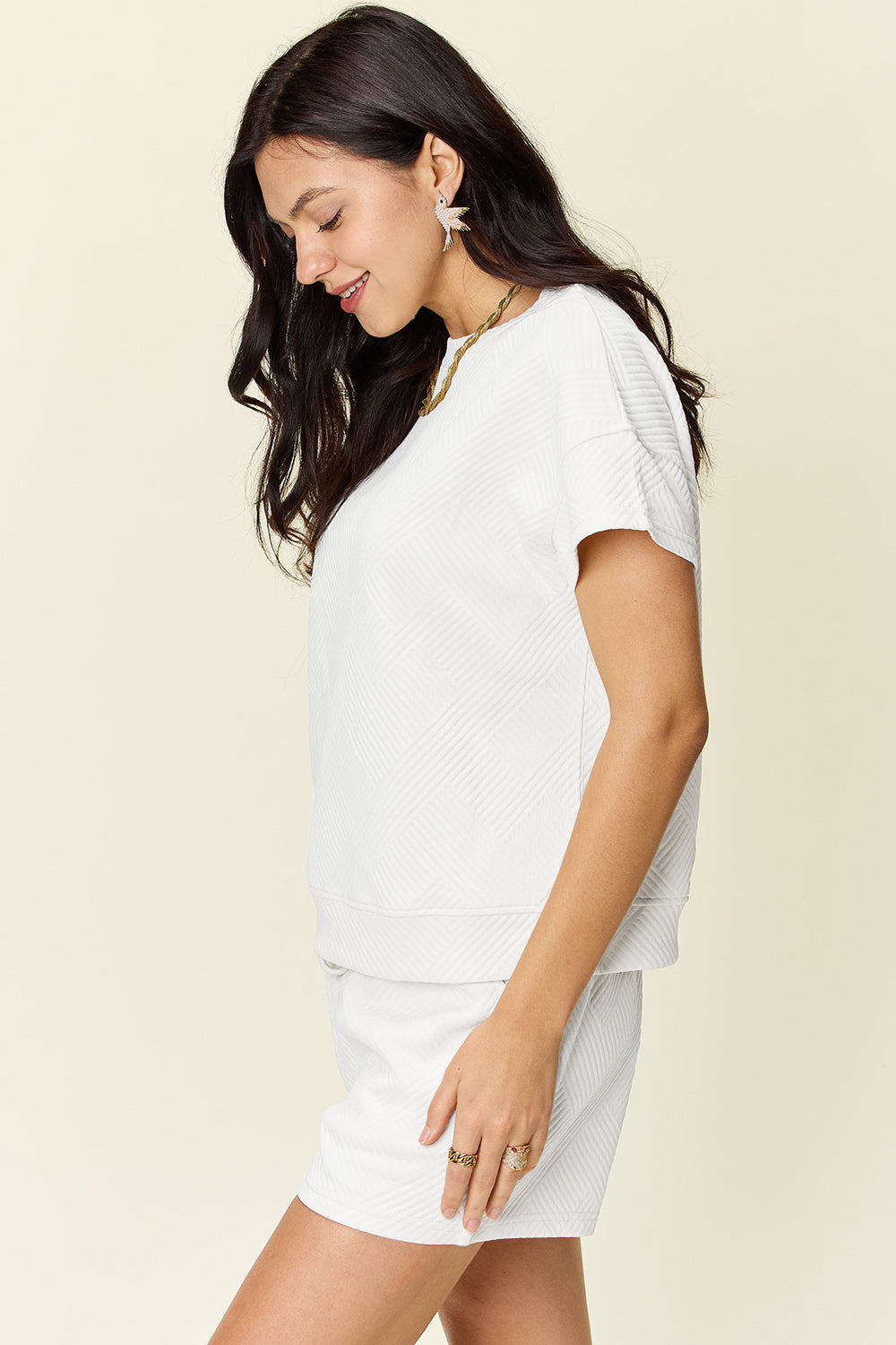 Double Take Full Size Texture Short Sleeve T-Shirt and Drawstring Shorts Set Double Take Full Size Texture Short Sleeve T-Shirt and Drawstring Shorts Set