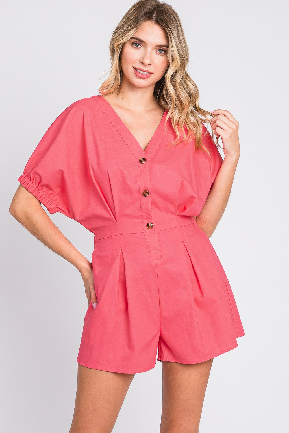 GeeGee Half Button V-Neck Linen Romper GeeGee Half Button V-Neck Linen Romper - TopFashionHQ